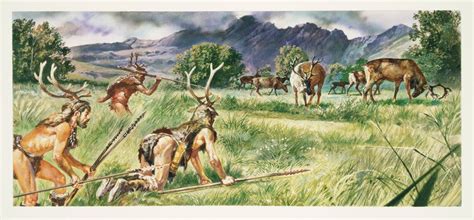 Scène de chasse et de cueillette au Paléolithique représentant une harmonie avec le milieu naturel