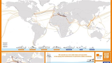 Infographie illustrant le réseau mondial de câbles sous-marins d'Orange, reliant les continents.