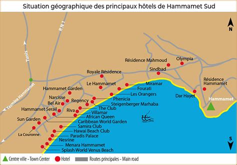 Carte des principales routes et centres commerciaux à Hammamet