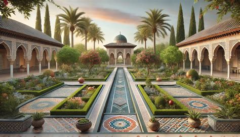 Illustration d'un patio de style Arabo-mauresque avec végétation