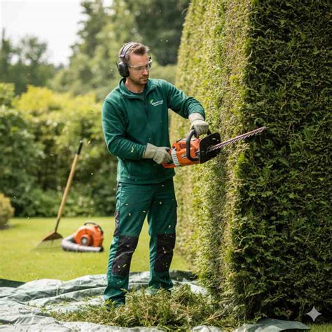 Un jardinier professionnel en action, taillant une haie avec précision