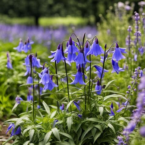 Exemple d'une jardinière avec des campanules bleues et des plantes compagnes