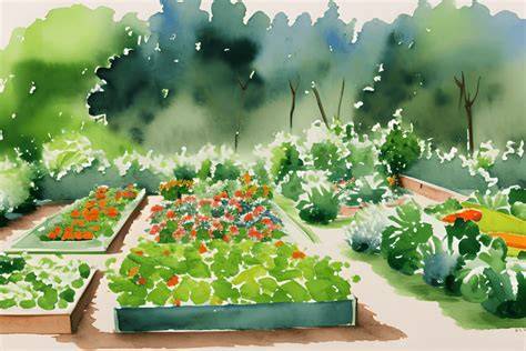 Illustration d'un jardin potager luxuriant avec des jardiniers récoltant des légumes et des semences.