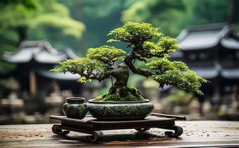 A collection of bonsaï trees in a Japanese garden