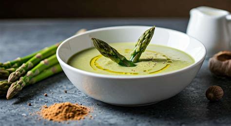 Velouté d'asperges servi dans un bol avec des croûtons et un filet de crème