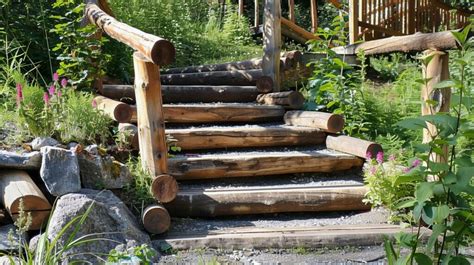 Bordure en rondins de bois intégrant un escalier rustique