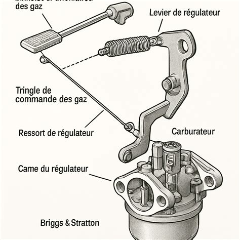 Vue éclatée d'un carburateur de motobineuse montrant le mécanisme de câble d'accélérateur