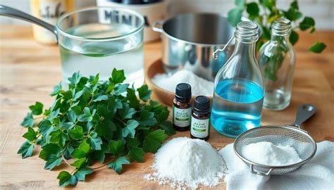 Image d'un pot de shampoing fait maison à base de lierre, accompagné de feuilles de lierre fraîches