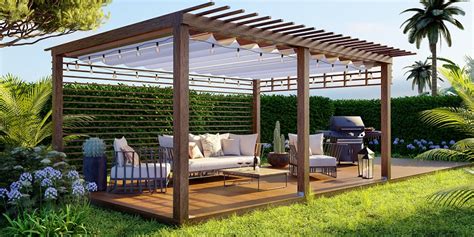 Pergola sur pelouse avec mobilier de jardin