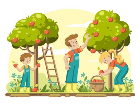 Famille souriante cueillant des pommes