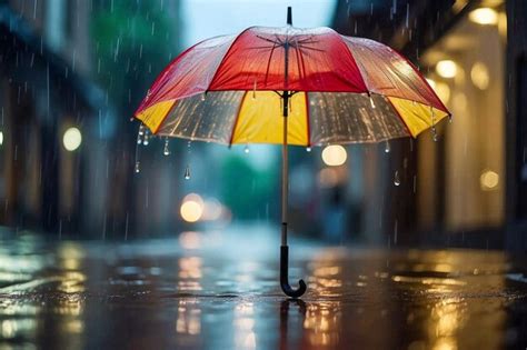 Un jardinier sous un parapluie coloré, souriant malgré la pluie torrentielle