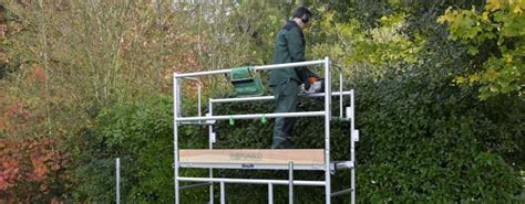 Un paysagiste utilisant un échafaudage de jardin pour tailler une haie haute