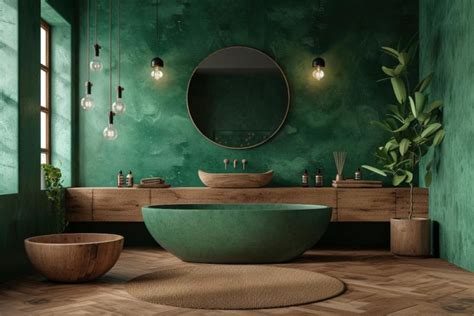 Salle de bain vert émeraude avec plantes