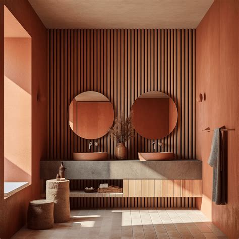 Salle de bain terracotta avec éléments en bois