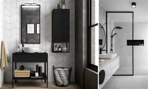 Salle de bain noire et blanche avec éléments industriels