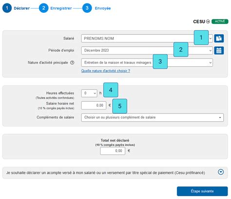Interface du site CESU pour la déclaration d'un emploi