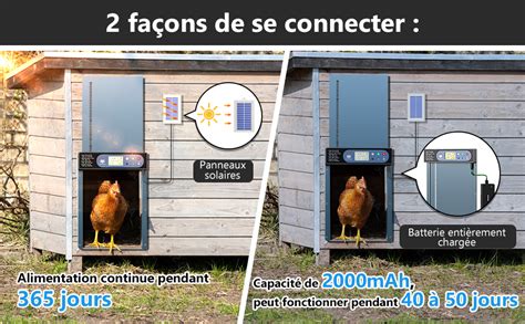 Schéma explicatif montrant une porte automatique de poulailler fonctionnant avec un système de rails et un boîtier électronique