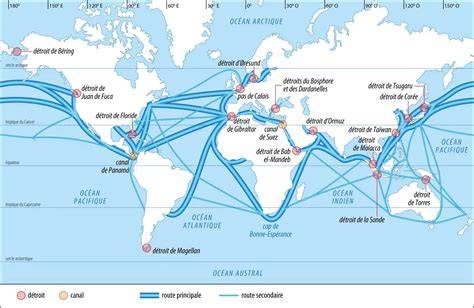Carte des routes maritimes et points de passage stratégiques