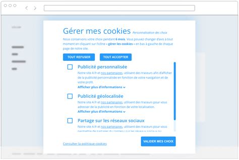 Illustration d'un bandeau de consentement aux cookies avec les options 