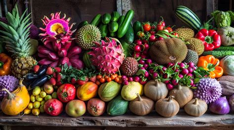 Assortiment de fruits exotiques et de légumes anciens