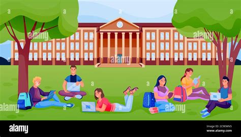 Illustration d'un campus universitaire avec des étudiants et des bâtiments