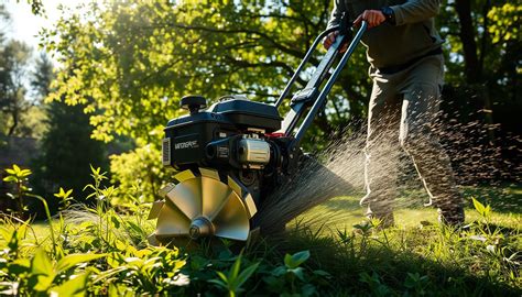 Débroussailleuse thermique en action dans un champ d'herbes hautes