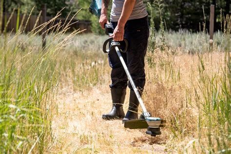 Débroussailleuse à batterie utilisée dans un jardin résidentiel