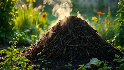 Photo d'un tas de compost retourné avec de la vapeur d'eau s'en échappant