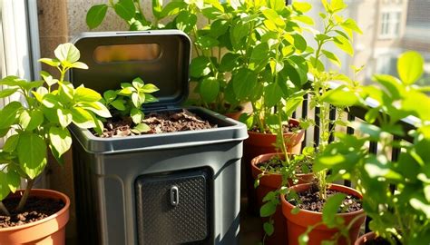 Illustration des options d'emplacement de composteur (jardin, balcon, cuisine)