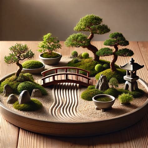 Jardin miniature de style japonais avec des bonsaïs et des roches