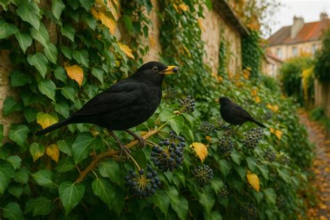Oiseaux se réfugiant dans le lierre en hiver