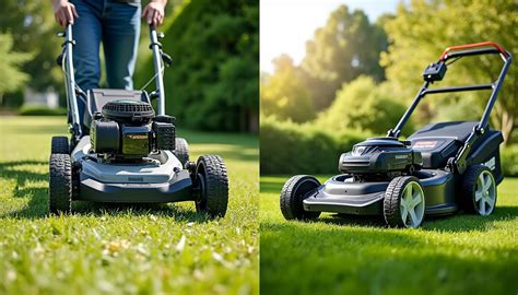 Comparaison visuelle entre tondre avec une tondeuse poussée et une tondeuse autotractée