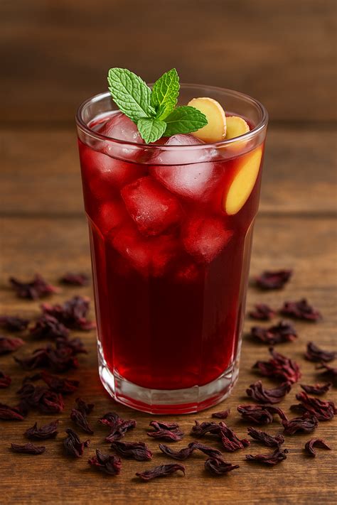 Verre de jus de bissap rouge vif avec des glaçons et une tranche de citron vert