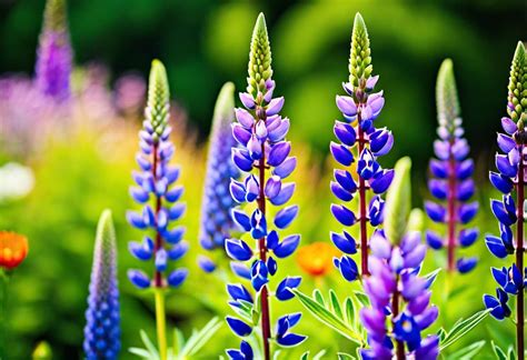 Illustration d'un jardin fleuri avec de nombreux lupins de différentes couleurs