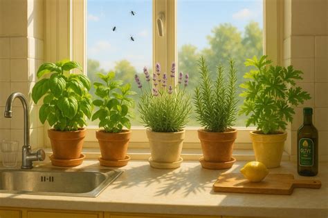 Plantes répulsives : lavande, menthe et basilic autour d'un citronnier