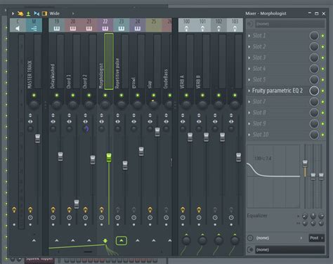 FL Studio mixer with various effects on channels
