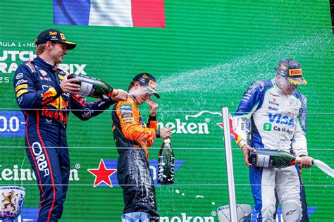 Pilotes de Formule 1 s'arrosant de champagne sur un podium