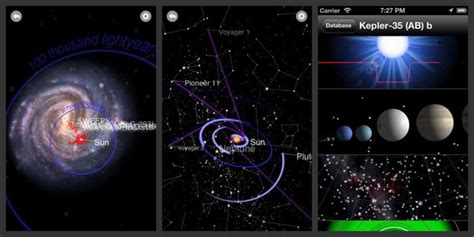 Capture d’écran de l’app Exoplanet affichant des systèmes extrasolaires