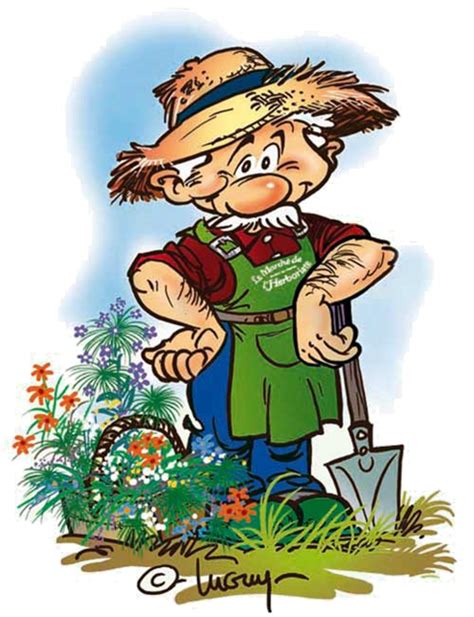 Dessin humoristique d'un jardinier lisant des réponses sur sa tondeuse