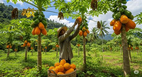 Champ luxuriant de curcuma et papayes en permaculture en Inde du Sud