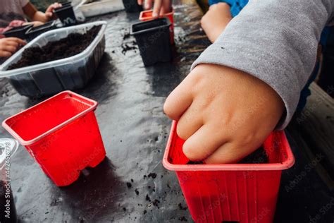 Enfants plantant des graines dans des pots