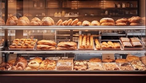 Vue d'une vitrine de boulangerie artisanale avec une présentation soignée