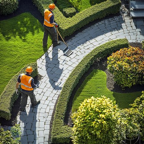 Illustration d'une équipe de paysagistes au travail dans un jardin résidentiel