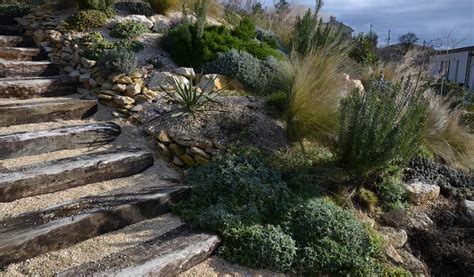 Allée de jardin en pente avec escalier en pierre
