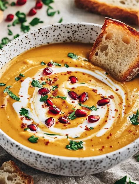 Assiette de soupe décorée avec des herbes fraîches et des noix concassées