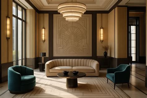 Salon moderne avec des accents Art Déco et la suspension Grand Tower