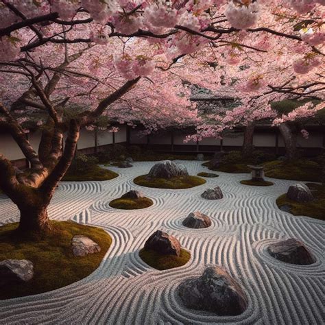 Un jardin zen traditionnel avec des cerisiers en fleurs
