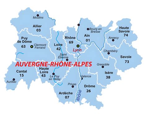 Carte de la région Auvergne-Rhône-Alpes avec les zones volcaniques