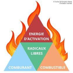 Diagramme représentant le tétraèdre du feu et l'interaction des radicaux libres