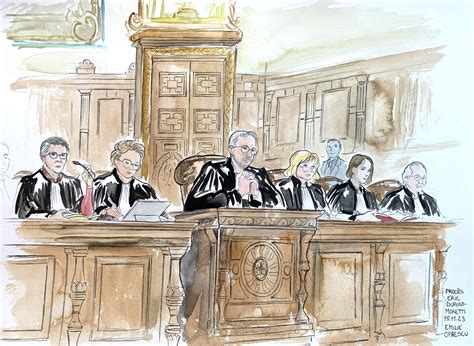 Dessin d'audience du procès V13 représentant Aurélie Silvestre et François Giroud